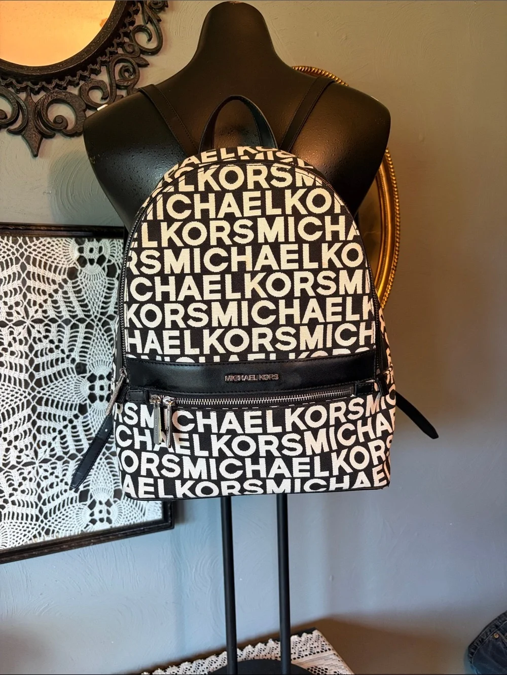MICHAEL KORS Black & White Logo Print Backpack
